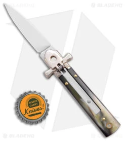 AGA 6" Lever Lock Automatic Italian Knife Horn W/Cross Bolsters (2.5" Satin) -AGA Campolin Shop AGA 6in LL Horn Auto Cross Bolsters Satin BHQ 177246 jr bottlecap