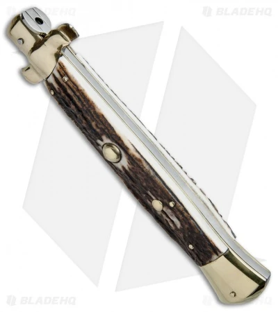 AGA Campolin 15" Auto Italian Stiletto Knife Stag Horn/Brass (7" Satin Bayo) 2 AGA Campolin 15" Auto Italian Stiletto Knife Stag Horn/Brass (7" Satin Bayo) - Image 2