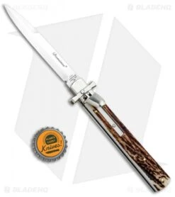 AGA Campolin 9" Dominus Leverlock Automatic Knife Stag (4" Satin) -AGA Campolin Shop AGA Campolin 9in Dominus LL Auto Stag Satin GO DOM23 HB BHQ 97992 jr bottlecap