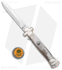 AGA Campolin 9" Maltese Cross Stiletto Automatic Knife Horn (4" Satin Bayo) -AGA Campolin Shop AGA Campolin 9in Maltese Cross Stiletto Auto Horn Bayo BHQ 177244 jr bottlecap