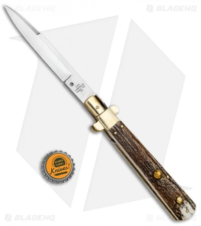 AGA Campolin 11" Frosolone Bayonet Stiletto Auto Knife Stag/Brass (5" Satin) 5 AGA Campolin 11" Frosolone Bayonet Stiletto Auto Knife Stag/Brass (5" Satin) - Image 5