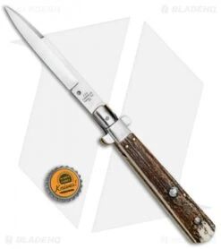 AGA Campolin 11" Frosolone Bayonet Stiletto Automatic Knife Stag (5" Satin) -AGA Campolin Shop AGA Frosolone Stag Nickel 11in Bayo BP 29296 jr bottlecap
