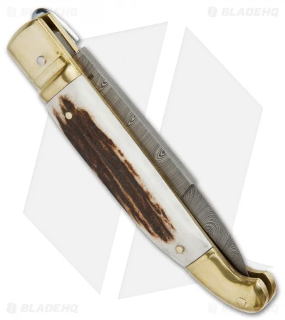 AGA Campolin Brass Lever Lock Automatic Knife Stag Horn (3.75" Damascus) 2 AGA Campolin Brass Lever Lock Automatic Knife Stag Horn (3.75" Damascus) - Image 2