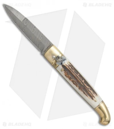 AGA Campolin Brass Lever Lock Automatic Knife Stag Horn (3.75" Damascus) 1 AGA Campolin Brass Lever Lock Automatic Knife Stag Horn (3.75" Damascus)