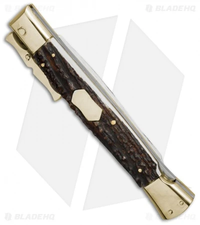 AGA Campolin 13" Bat Swinguard Automatic Knife Brass/Stag Horn (5.75" Dagger) 2 AGA Campolin 13" Bat Swinguard Automatic Knife Brass/Stag Horn (5.75" Dagger) - Image 2