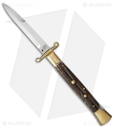 AGA Campolin 13" Swinguard Automatic Knife Brass/Stag Horn (5.75" Satin Bayo) 1 AGA Campolin 13" Swinguard Automatic Knife Brass/Stag Horn (5.75" Satin Bayo)