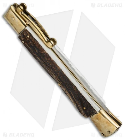 AGA Campolin 13" Swinguard Automatic Knife Brass/Stag Horn (5.75" Satin Kriss) 3 AGA Campolin 13" Swinguard Automatic Knife Brass/Stag Horn (5.75" Satin Kriss) - Image 3